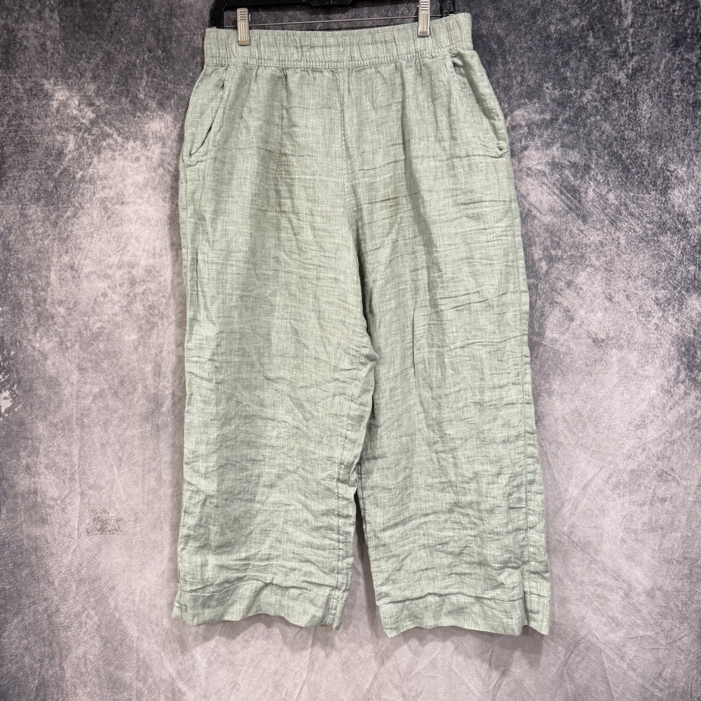 Tahari Essentials Pants Women's Size M 100% Linen Wide Leg Elastic Waist Mint
